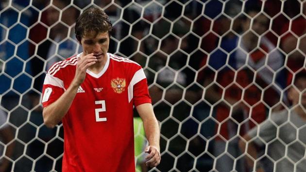 Russia defender Mario Fernandes reacts after missing a penalty during the FIFA World Cup 2018 quarter-final against Croatia in Sochi on Saturday. (AFP) Russia defender Mario Fernandes reacts after missing a penalty during the FIFA World Cup 2018 quarter-final against Croatia in Sochi on Saturday. (AFP)