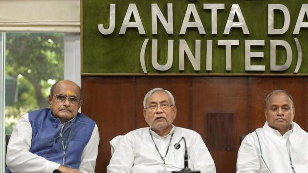 Bihar chief minister and JD(U) chief Nitish Kumar, general secretary KC Tyagi and general secretary (Organisation) RCP Singh during National Executive meeting at party headquarters in New Delhi on Sunday, July 8, 2018. (PTI) Bihar chief minister and JD(U) chief Nitish Kumar, general secretary KC Tyagi and general secretary (Organisation) RCP Singh during National Executive meeting at party headquarters in New Delhi on Sunday, July 8, 2018. (PTI)