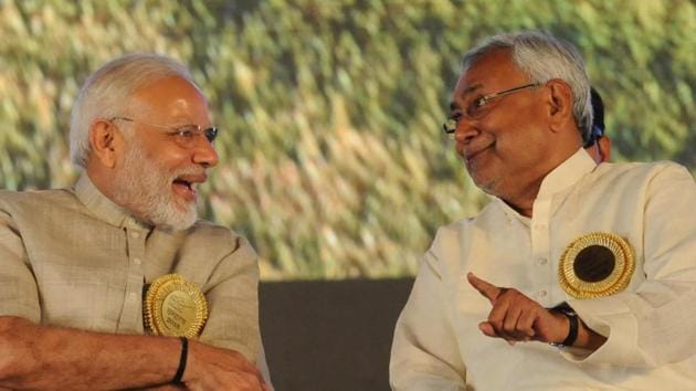 Prime Minister Narendra Modi with Bihar CM and JD(U) chief Nitish Kumar during the Champaran Satyagrah Centenary celebration at Gandhi Maidan in Motihari, Bihar, in April 2018. (AP Dube/HT File Photo) Prime Minister Narendra Modi with Bihar CM and JD(U) chief Nitish Kumar during the Champaran Satyagrah Centenary celebration at Gandhi Maidan in Motihari, Bihar, in April 2018. (AP Dube/HT File Photo)