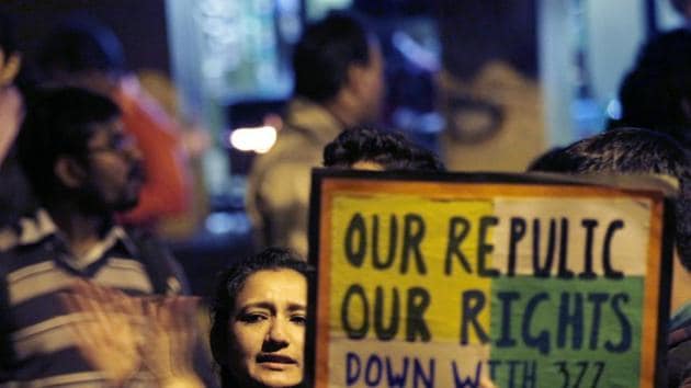 LGBT rights activists participate in protest in New Delhi. The caste atrocities faced by a Dalit transperson have a different history from the gender-based atrocities that a same-sex desiring woman faces. But both experiences are dehumanising.(Raj K Raj/Hindustan Times file)