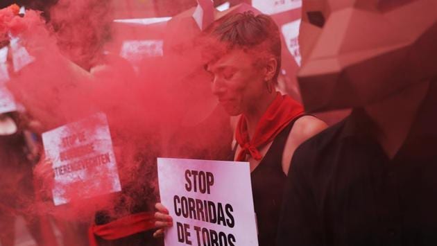 The annual pro-animal rights protest on the eve of the festival used to go largely snubbed in Pamplona, but activists said more locals have joined their campaigns in recent years as partial bans on bullfighting spread over dozens of Spanish towns. (Susana Vera / REUTERS) The annual pro-animal rights protest on the eve of the festival used to go largely snubbed in Pamplona, but activists said more locals have joined their campaigns in recent years as partial bans on bullfighting spread over dozens of Spanish towns. (Susana Vera / REUTERS)