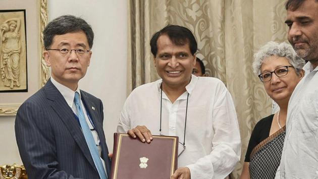 Union Minister for Commerce & Industry and Civil Aviation Suresh Prabhakar Prabhu exchanges MoU documents with the South Korean Minister of Trade, Industry and Energy Kim Hyun-chong, in New Delhi. South Korean President Moon Jae-in on Sunday kicked-off his first state visit to India and said the two countries may have different cultures but share common values such as peace, harmony and unity in diversity. (PIB / PTI) Union Minister for Commerce & Industry and Civil Aviation Suresh Prabhakar Prabhu exchanges MoU documents with the South Korean Minister of Trade, Industry and Energy Kim Hyun-chong, in New Delhi. South Korean President Moon Jae-in on Sunday kicked-off his first state visit to India and said the two countries may have different cultures but share common values such as peace, harmony and unity in diversity. (PIB / PTI)