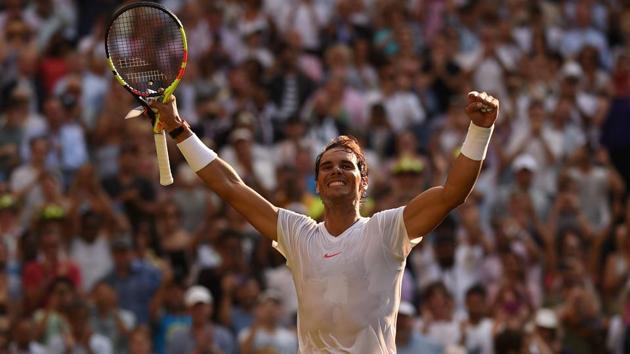 Rafael Nadal celebrates after beating Jiri Vesely 6-3, 6-3, 6-4 in their Wimbledon fourth round encounter.(AFP)