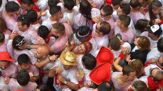 The festival also takes a strong position against sexual abuse. Sexual assaults reported during the festival went from two in 2008 to 20 in 2016. The figures, from a study by the Public University of Navarra, rose to 22 last year amid growing public outrage. (Ander Gillenea / AFP) The festival also takes a strong position against sexual abuse. Sexual assaults reported during the festival went from two in 2008 to 20 in 2016. The figures, from a study by the Public University of Navarra, rose to 22 last year amid growing public outrage. (Ander Gillenea / AFP)