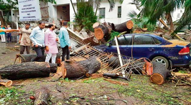 One of the vehicles that was badly damaged after the tree fell on Model colony road, on Shivajinagar, on Tuesday afternoon, bringing the traffic to a halt for more than half an hour. (HT PHOTO) One of the vehicles that was badly damaged after the tree fell on Model colony road, on Shivajinagar, on Tuesday afternoon, bringing the traffic to a halt for more than half an hour. (HT PHOTO)