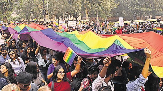 LGBT members and supporters participate in the Delhi's 10th Queer Pride March, on November 12, 2017.(HT file photo)