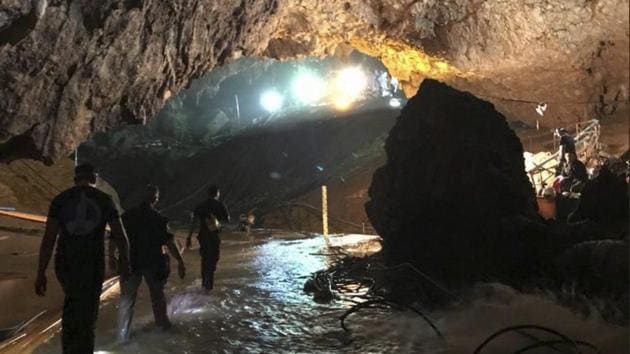 This photo tweeted by Elon Musk shows efforts underway to rescue trapped members of a youth soccer team from a flooded cave in northern Thailand.(AP File Photo) This photo tweeted by Elon Musk shows efforts underway to rescue trapped members of a youth soccer team from a flooded cave in northern Thailand.(AP File Photo)