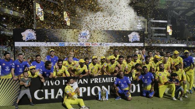Members of Chennai Super Kings pose with trophy after wining against Sunrisers Hyderabad's at IPL cricket T20 final match. (AP) Members of Chennai Super Kings pose with trophy after wining against Sunrisers Hyderabad's at IPL cricket T20 final match. (AP)
