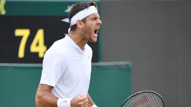 Argentina's Juan Martin Del Potro celebrates winning his the fourth round Wimbledon match against France's Gilles Simon.(REUTERS)