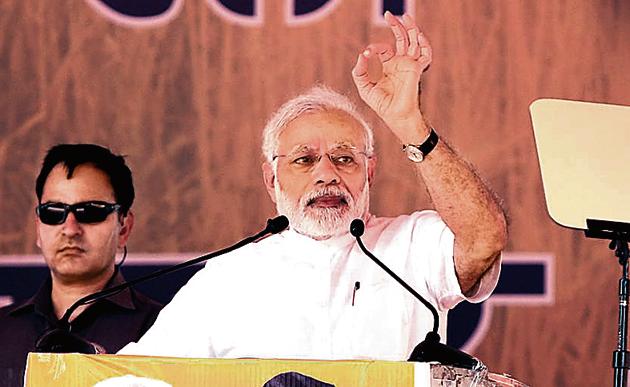 Prime Minster Narendra Modi addressing the gathering during "Kisan Kalyan Rally"of SAD - BJP in Malout in Muktsar district on Wednesday.(Sanjeev Kumar/HT Photo)