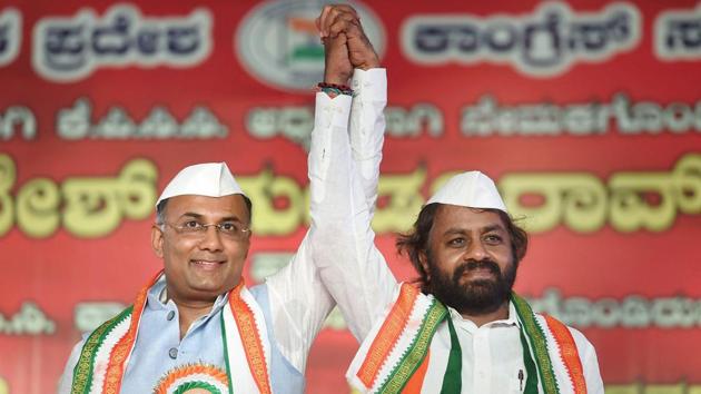 Newly appointed President of Karnataka Pradesh Congress Committee Dinesh Gundu Rao (L) with the newly-appointed working president Eshwar Khandare during a ceremony to take charge of the office, in Bengaluru. Gundu Rao is a five-time MLA from Gandhinagar constituency in Bengaluru. He succeeded former KPCC president G Parameshwara, who led the party in the state for eight years (Shailendra Bhojak / PTI)