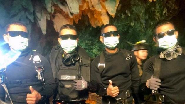 Four Thai Navy Seals are seen after leaving the cave safe during the rescue mission in Chiang Rai Province, Thailand, on July 10, 2018. (REUTERS) Four Thai Navy Seals are seen after leaving the cave safe during the rescue mission in Chiang Rai Province, Thailand, on July 10, 2018. (REUTERS)