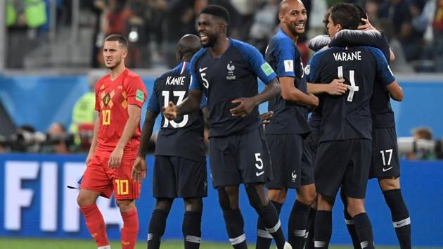 France's players celebrate their win at the end of the Russia 2018 World Cup semi-final football match between France and Belgium at the Saint Petersburg Stadium in Saint Petersburg.(AFP)