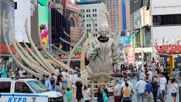 Artist Mel Chin's mixed reality climate change-themed art installation, Unmoored, in the Times Square neighbourhood of New York.(REUTERS)