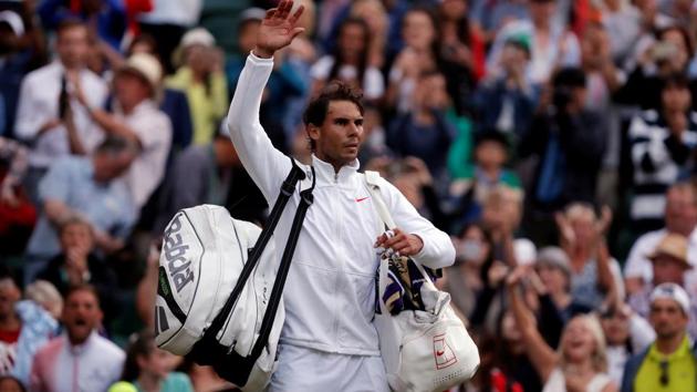 Spain's Rafael Nadal celebrates winning his quarterfinal against Argentina's Juan Martin del Potro at Wimbledon at the All England Lawn Tennis and Croquet Club in London on Wednesday.(Reuters)