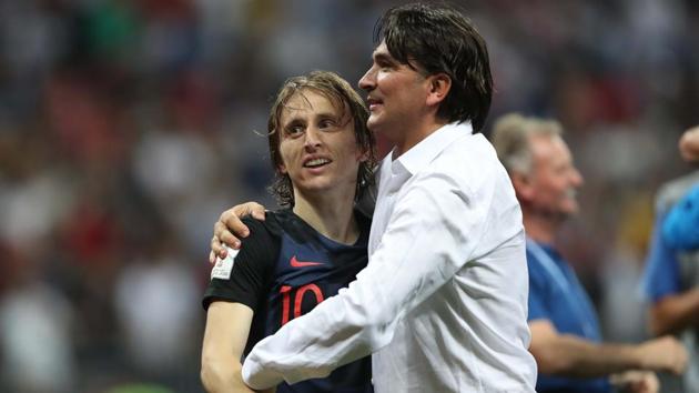 Croatia's Luka Modric and coach Zlatko Dalic celebrate after the FIFA World Cup 2018 semifinal win against England.(REUTERS)