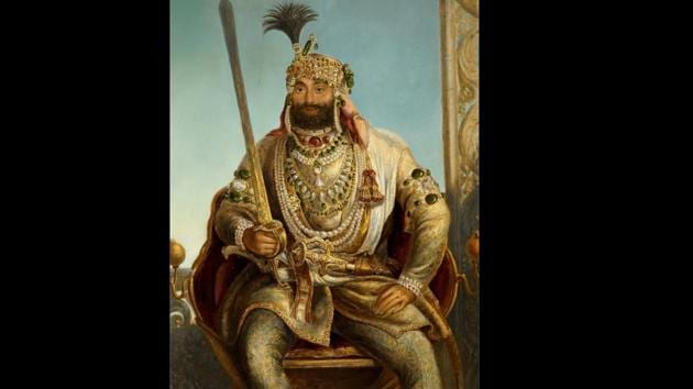 Maharaja Sher Singh wearing the Koh-i-Noor diamond (on the right arm) and Timur ruby (oil on panel by August Theodor Schoefft, circa 1841–42). In a dazzling display of splendour and opulence, this vivid portrait of the second son of Maharaja Ranjit Singh represents the Sikh Empire at its zenith. (Toor Collection)