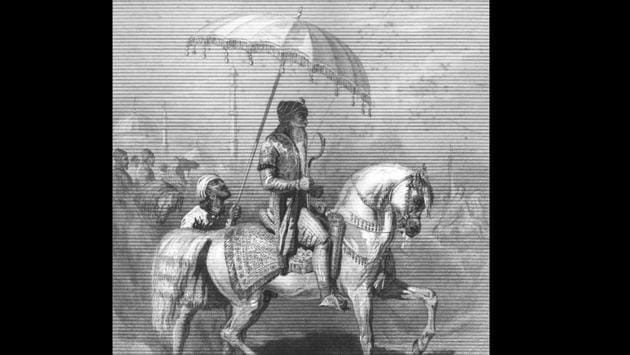 The Lion of Punjab riding a stallion (engraving after an oil painting by Alfred De Dreux, Paris, 1838). The painting upon which this is engraving was based was commissioned by Ranjit Singh’s trusted Italian officer, General Ventura, and gifted to King Louis-Philippe of France (1773–1850). (Toor Collection)