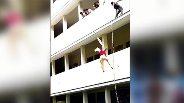 Lokeshwari, a second-year BBA student, died after jumping off the second floor of a college building during a disaster-management drill in Coimbatore on Thursday. (Video grab) Lokeshwari, a second-year BBA student, died after jumping off the second floor of a college building during a disaster-management drill in Coimbatore on Thursday. (Video grab)