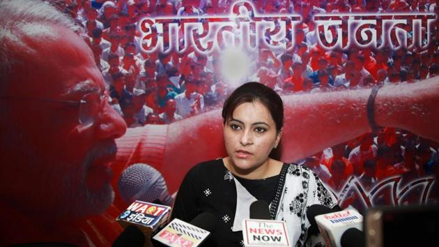 Monika Bhagat, wife of BJP MLA Gagan Bhagat addresses the media on the issue of allegedly abducting a college girl, in Jammu on Friday. On June 24, Rajinder Singh accused Bhagat of abducting his daughter from Desh Bhagat University, Punjab, where she was pursuing Bachelor of Ayurvedic Medicine and Surgery (BAMS) course, a charge denied by the girl as well as the politician who termed the allegation as an attempt to defame him. (PTI)