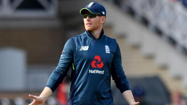 England captain Eoin Morgan gestures during the One Day International (ODI) cricket match between England and India at Trent Bridge in Nottingham, central England on July 12, 2018.(AFP)