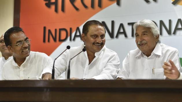 Former chief minister of united Andhra Pradesh N Kiran Kumar Reddy (C) rejoined Congress on Friday after a meeting with party president Rahul Gandhi in New Delhi. Reddy had resigned from the party in 2014 in protest against the bifurcation of the state. While conveying his inclination to make a comeback, Mr Reddy has reportedly sought a key position in the AICC, befitting his stature. (Sanchit Khanna/HT PHOTO)
