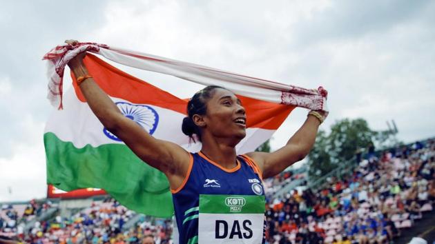 Hima Das of India, celebrates her victory in women's 400 metres race at the 2018 IAAF World U20 Championships in Tampere, Finland, Thursday, July 12(AP)