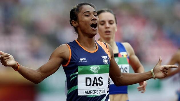 Hima Das celebrates her victory in women's 400 metre race at the 2018 IAAF World U20 Championships in Tampere, Finland(AP)