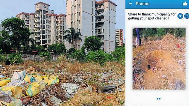 (Left) The spot at Suhant Lok 2, Sector 55 where garbage is yet to be cleaned. (Right)Message on Swachh Map app. (HT Photo) (Left) The spot at Suhant Lok 2, Sector 55 where garbage is yet to be cleaned. (Right)Message on Swachh Map app. (HT Photo)