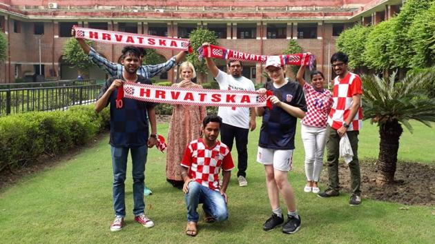 Dr Željana Puljiz Šostik, visiting lecturer in Croatian language, Faculty of Arts, Delhi University, along with her students who are supporting Croatia. Her son (third from right) is part of the ‘team’. Dr Željana Puljiz Šostik, visiting lecturer in Croatian language, Faculty of Arts, Delhi University, along with her students who are supporting Croatia. Her son (third from right) is part of the ‘team’.