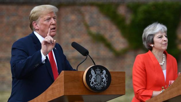 US President Donald Trump (L) speaks during a joint press conference with Britain's Prime Minister Theresa May following their meeting at Chequers, the prime minister's country residence, near Ellesborough, northwest of London on July 13, 2018 on the second day of Trump's UK visit. (AFP) US President Donald Trump (L) speaks during a joint press conference with Britain's Prime Minister Theresa May following their meeting at Chequers, the prime minister's country residence, near Ellesborough, northwest of London on July 13, 2018 on the second day of Trump's UK visit. (AFP)