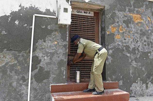 With staff scaled back to just five policemen, even food for the prisoner now comes from outside. ‘Cops accompany him and chat with him on his evening walks, because he has no other company,’ says Chandrahas Vaja, who is in charge of the jail. (Satyabrata Tripathy / HT Photo)