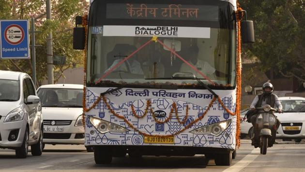 A DTC Electric Bus after it is flagged off at Delhi Secretariat.(Virendra Singh Gosain/HT File Photo)