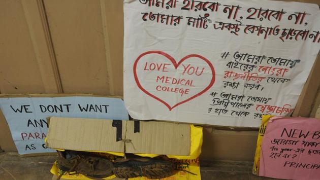 The bone of contention in this case is a new hostel building that has been earmarked by authorities only for freshers. Existing students are in protest over the dilapidated condition of the existing hostel, and were awaiting being housed in the at least 650 person capacity building that was coming up. (Samir Jana / HT Photo)