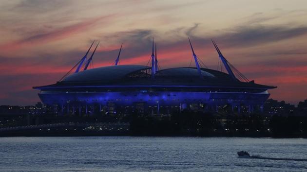 A general view shows the Saint Petersburg Stadium during sunset which hosted several matches including one semi-final and the third-place game between England and Belgium. (REUTERS)