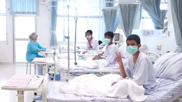 Members of the "Wild Boars" football team being treated at a hospital in Chiang Rai. (AFP Photo) Members of the "Wild Boars" football team being treated at a hospital in Chiang Rai. (AFP Photo)