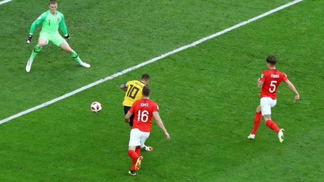 Belgium's Eden Hazard scores their second goal past England's Jordan Pickford. (REUTERS)
