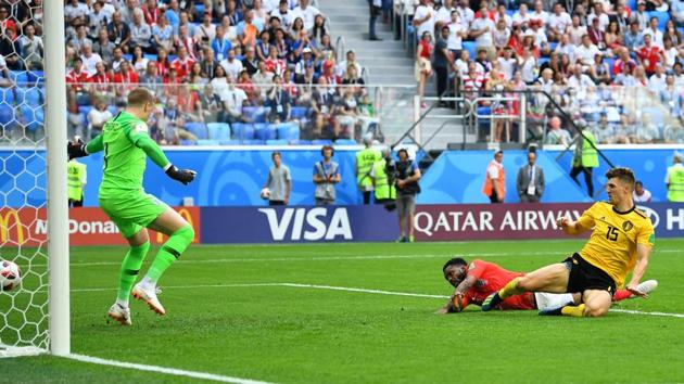 Belgium's Thomas Meunier scores their first goal. (REUTERS)