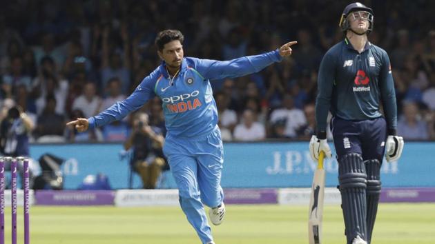 India's Kuldeep Yadav celebrates taking the wicket of England's Jonny Bairstow, not pictured, during the 2nd ODI at Lord's cricket ground in London.(AP)