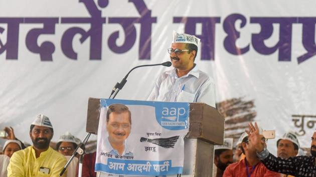 Delhi chief minister and Aam Aadmi Party supremo Arvind Kejriwal during an AAP rally, in Indore.(PTI Photo)