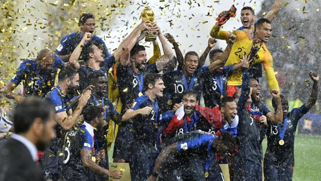 France players celebrate after winning the FIFA World Cup final 4-2 against Croatia at the Luzhniki Stadium in Moscow on Sunday.(AP)