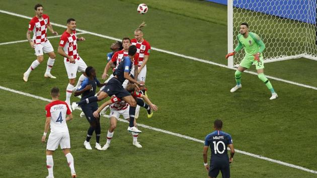 Croatia's Mario Mandzukic scored an own goal to give France the lead during the FIFA World Cup 2018 final at the Luzhniki Stadium in Moscow on Sunday.(AP)