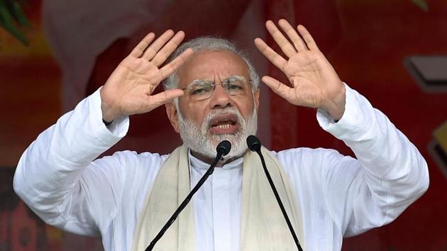 Prime Minister Narendra Modi addresses during ‘Krishi Kalyan Sabha’ rally, in Midnapore on Monday, July 16, 2018.(PTI Photo)