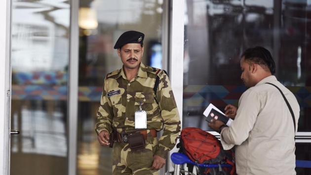 CISF security personnel during the security check at IGI Airport T3 in New Delhi.(HT File Photo)