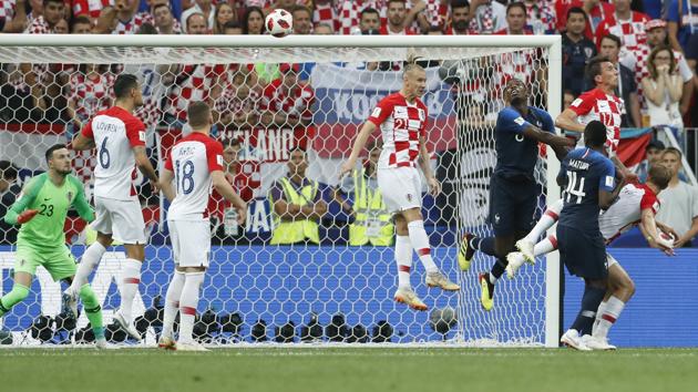 Croatia's Mario Mandzukic, 3rd from right, scores an own goal on a header. (AP) 