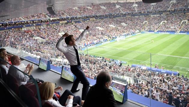 French President Emmanuel Macron reacts during the game. (Sputnik/Alexei Nikolsky/Kremlin via REUTERS) French President Emmanuel Macron reacts during the game. (Sputnik/Alexei Nikolsky/Kremlin via REUTERS)