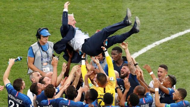 France players barged in to the room when coach Didier Deschamps addressed the media after the World Cup 2018 win, with midfielder Paul Pogba even dancing in front of world press.(REUTERS)