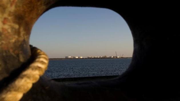 A general view of an oil dock is seen from a ship at the port of Kalantari in the city of Chabahar in Iran.(Reuters Photo)