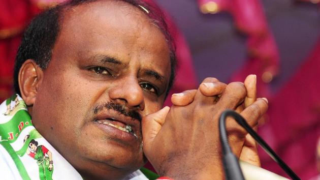 Karnataka chief minister HD Kumaraswamy gets emotional during a party function in Bengaluru on July 14, 2018.(PTI Photo)