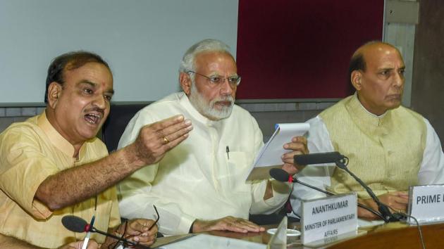 Prime Minister Narendra Modi with Home Minister Rajnath Singh and Parliamentary Affairs Minister Ananth Kumar at an all-party meeting ahead of the monsoon session of Parliament, in New Delhi on Tuesday, July 17, 2018.(PTI Photo)